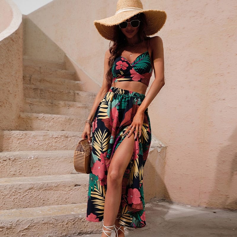 Boho Floral Two Piece Crop Top Skirt Set