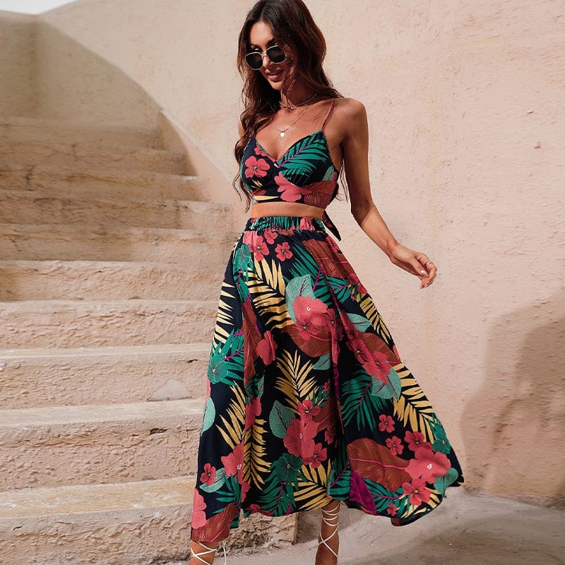 Boho Floral Two Piece Crop Top Skirt Set