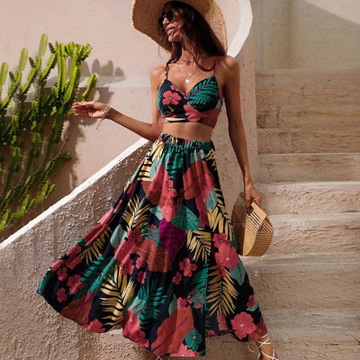 Boho Floral Two Piece Crop Top Skirt Set