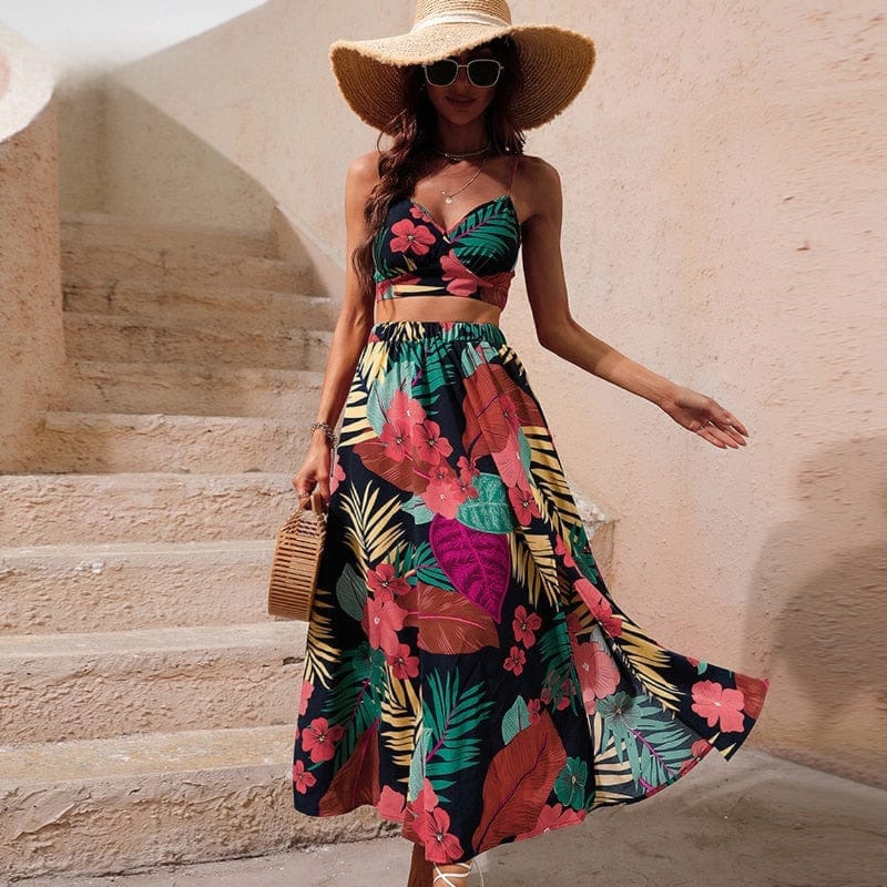 Boho Floral Two Piece Crop Top Skirt Set