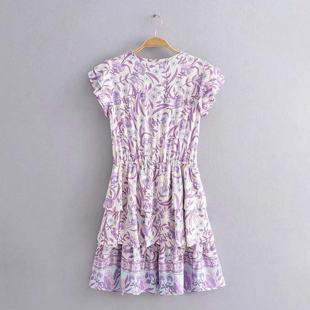 Boho Lilac Floral Print Mini Dress