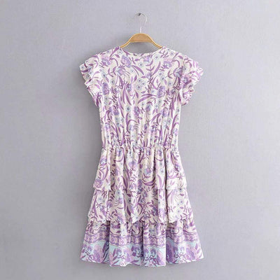 Boho Lilac Floral Print Mini Dress