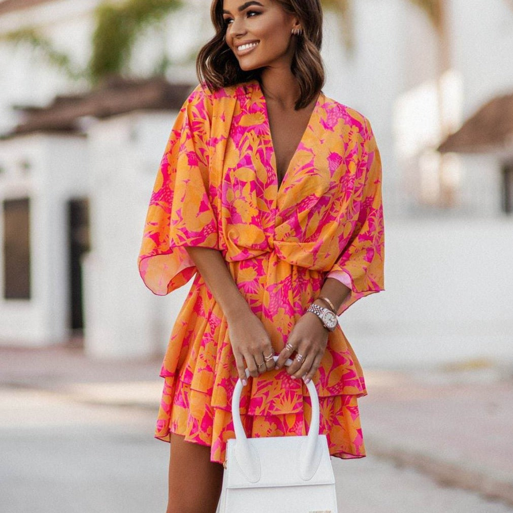 Boho Floral Ruffle Mini Dress