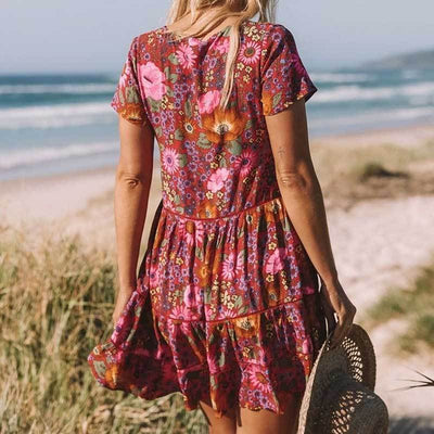 Boho Daisy Floral Print Mini Dress