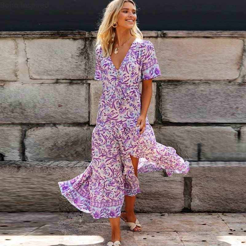 Boho Inspired Purple Floral Maxi Dress