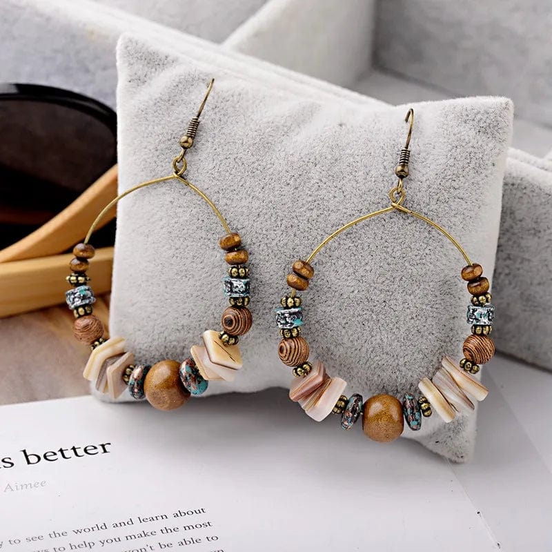 Boho Wood Beads Hoop Earrings