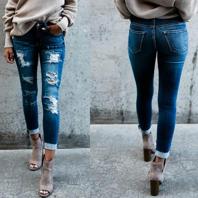 Boho High Waist Holey Skinny Jeans