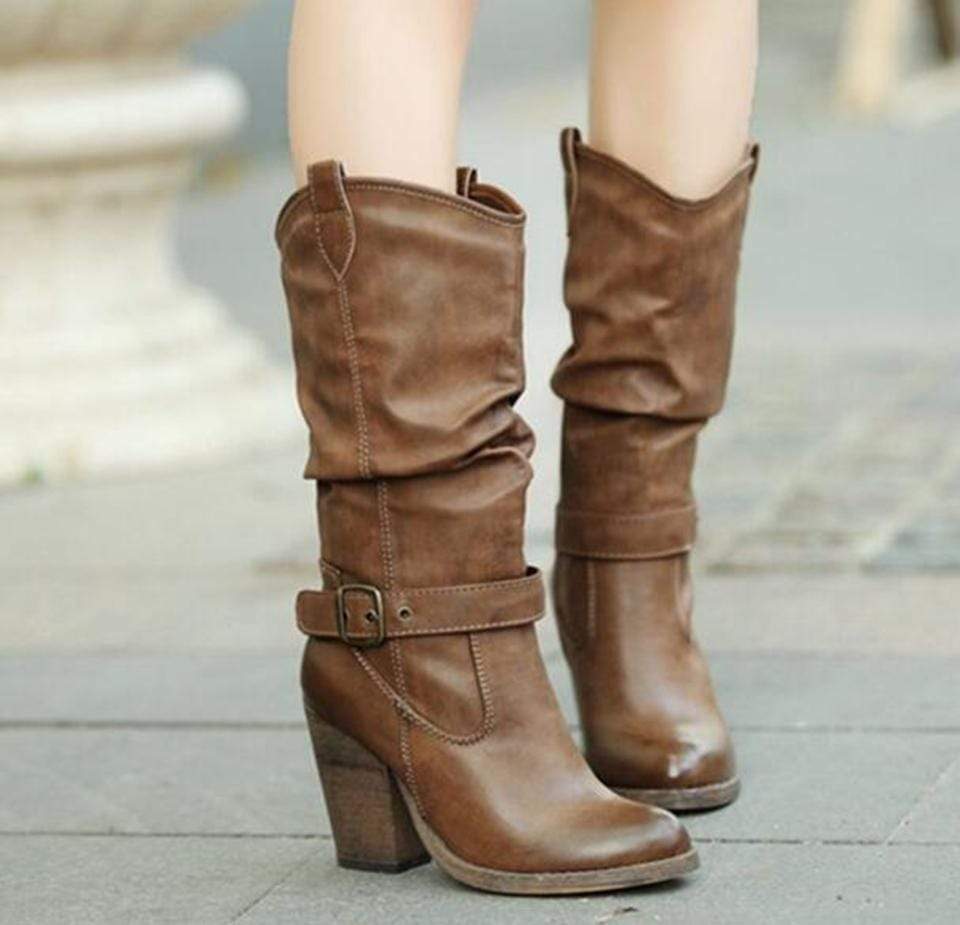 Vintage High Heel Mid Calf Slip On Boots