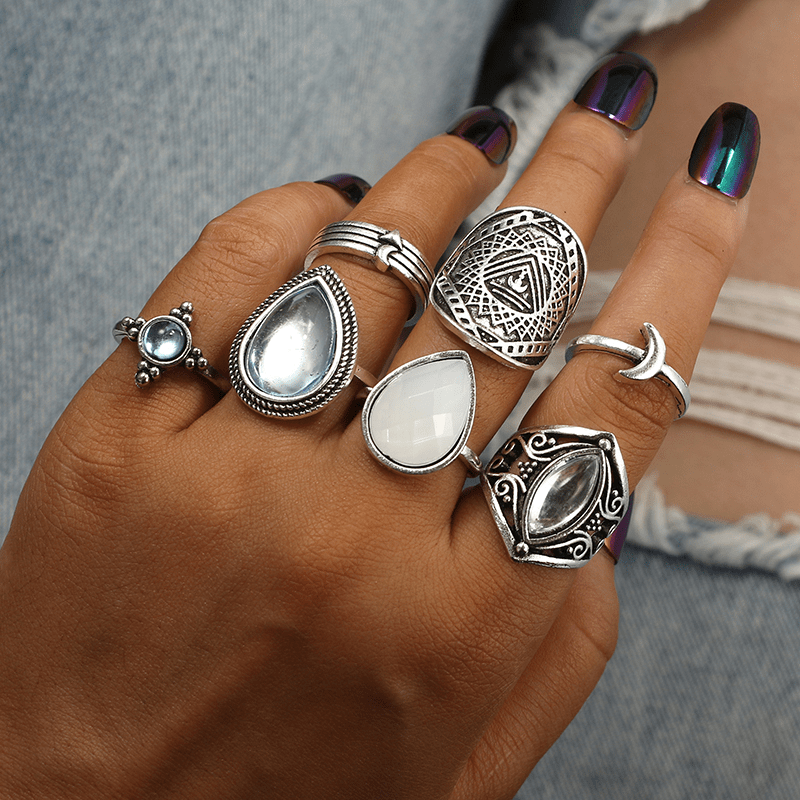 7pc Silver Vintage Ring Set