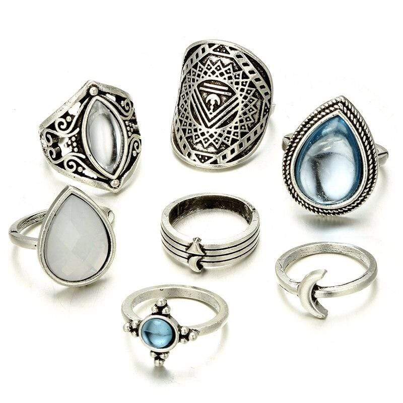 7pc Silver Vintage Ring Set